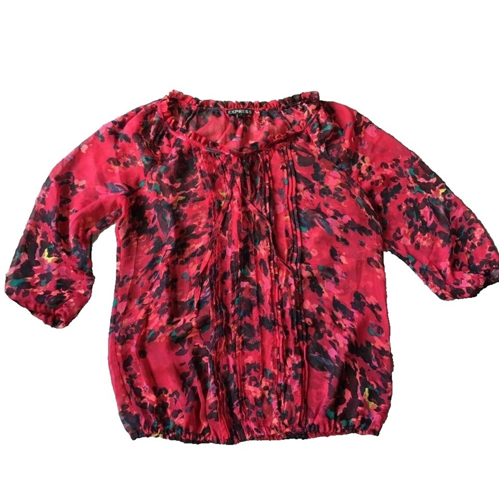 Express Top Women M 8 10 Sheer Chiffon 3/4 Length Peasant Sleeve Floral Print
